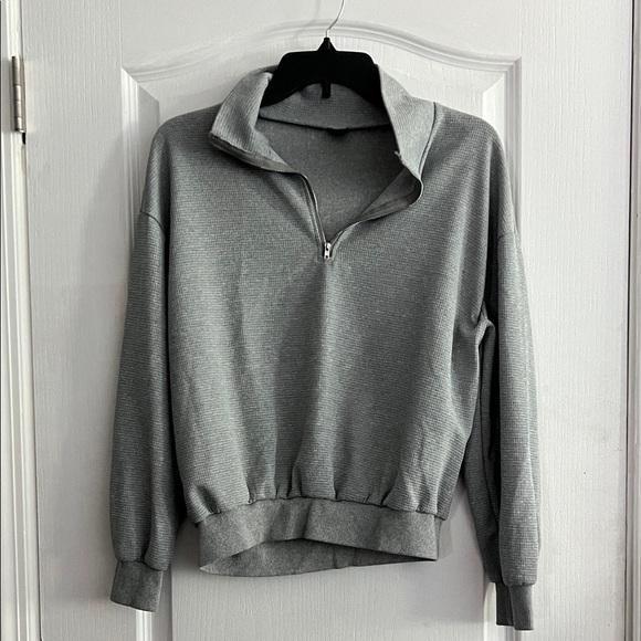 Emery Rose quarter zip cropped waffle sweater small grey cozy pullover - Picture 2 of 7